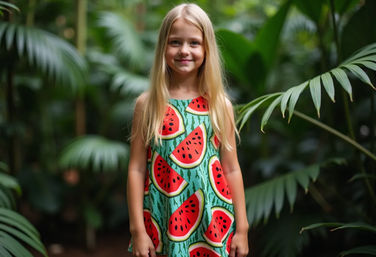 Jonge vrouw met gouden blond haar in een jungle met een watermeloenprint jurk.