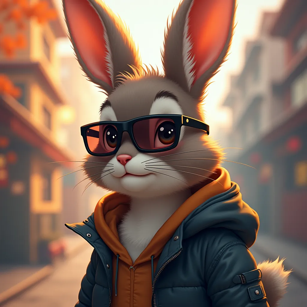 Rugged bunny anime karakter met doorschijnende zonnebril en bokeh achtergrond