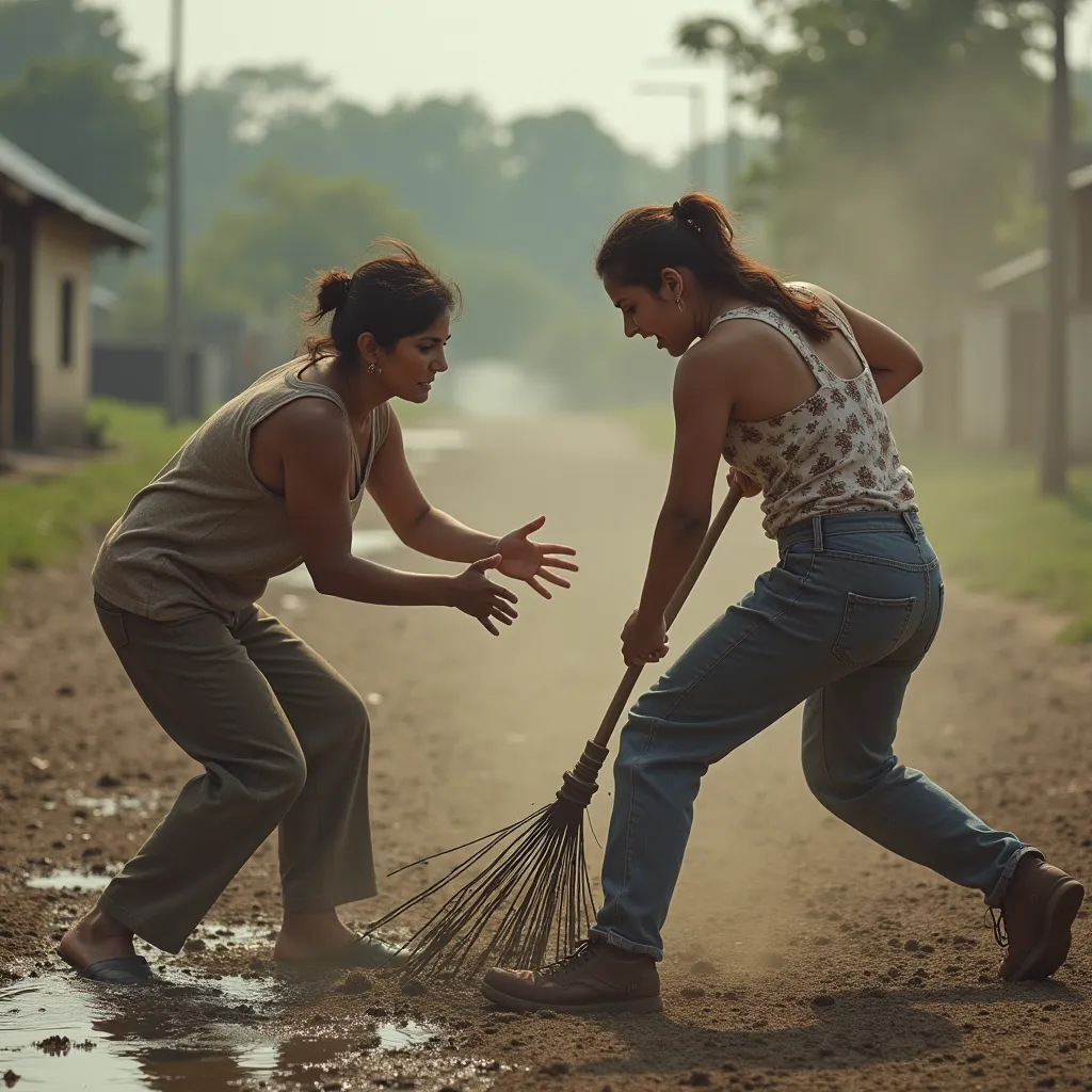 Woman attacks with a rake while another stirs mud nearby