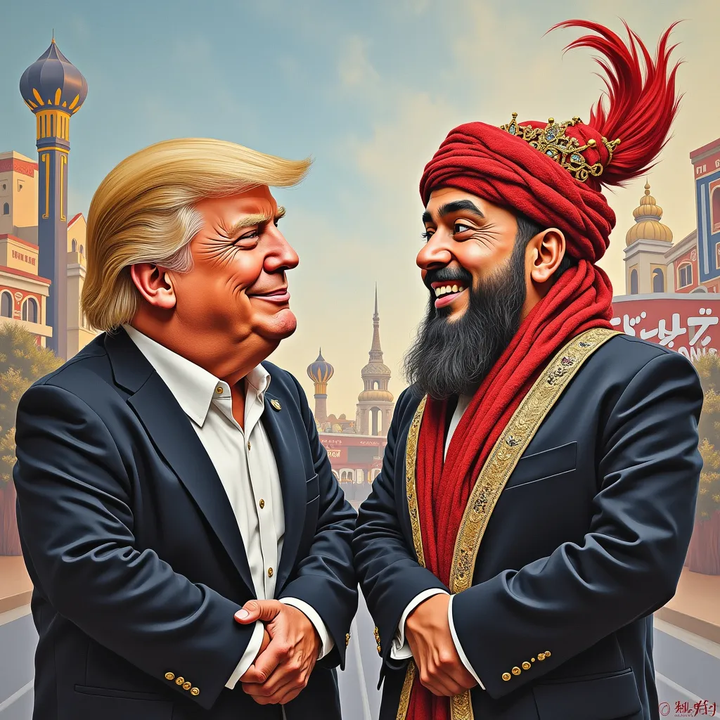 Donald Trump and Imam Hussein meet in a vibrant Las Vegas setting