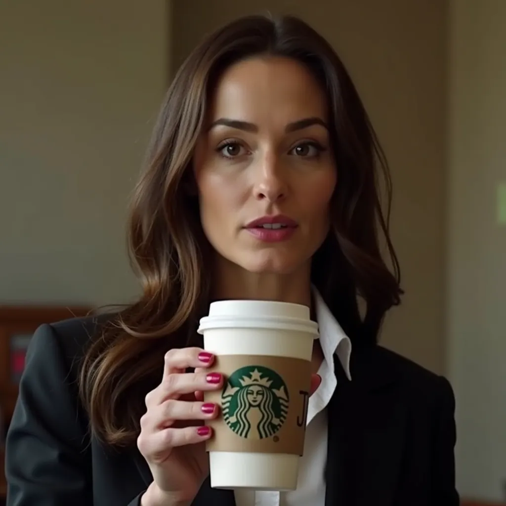 Maggie Q as a stylish secretary holding a Starbucks cup labeled 'JT'