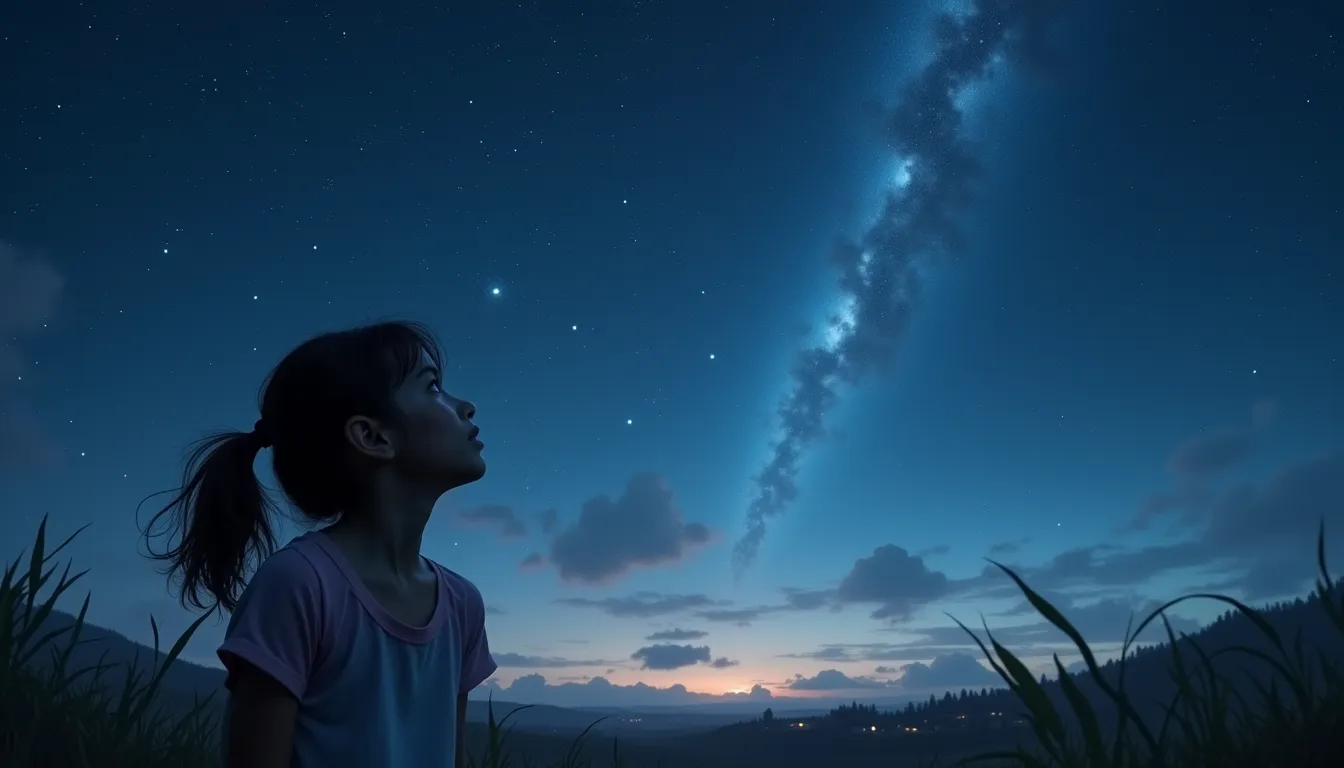 Menina observando o céu estrelado com um olhar sonhador