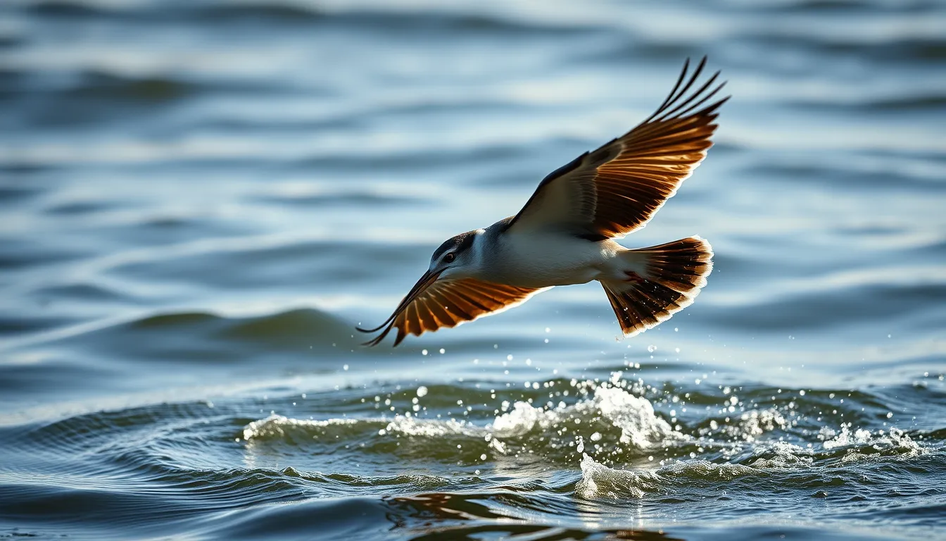 Ein Vogel spielt im Wasser und interagiert mit einem lächelnden Hai.