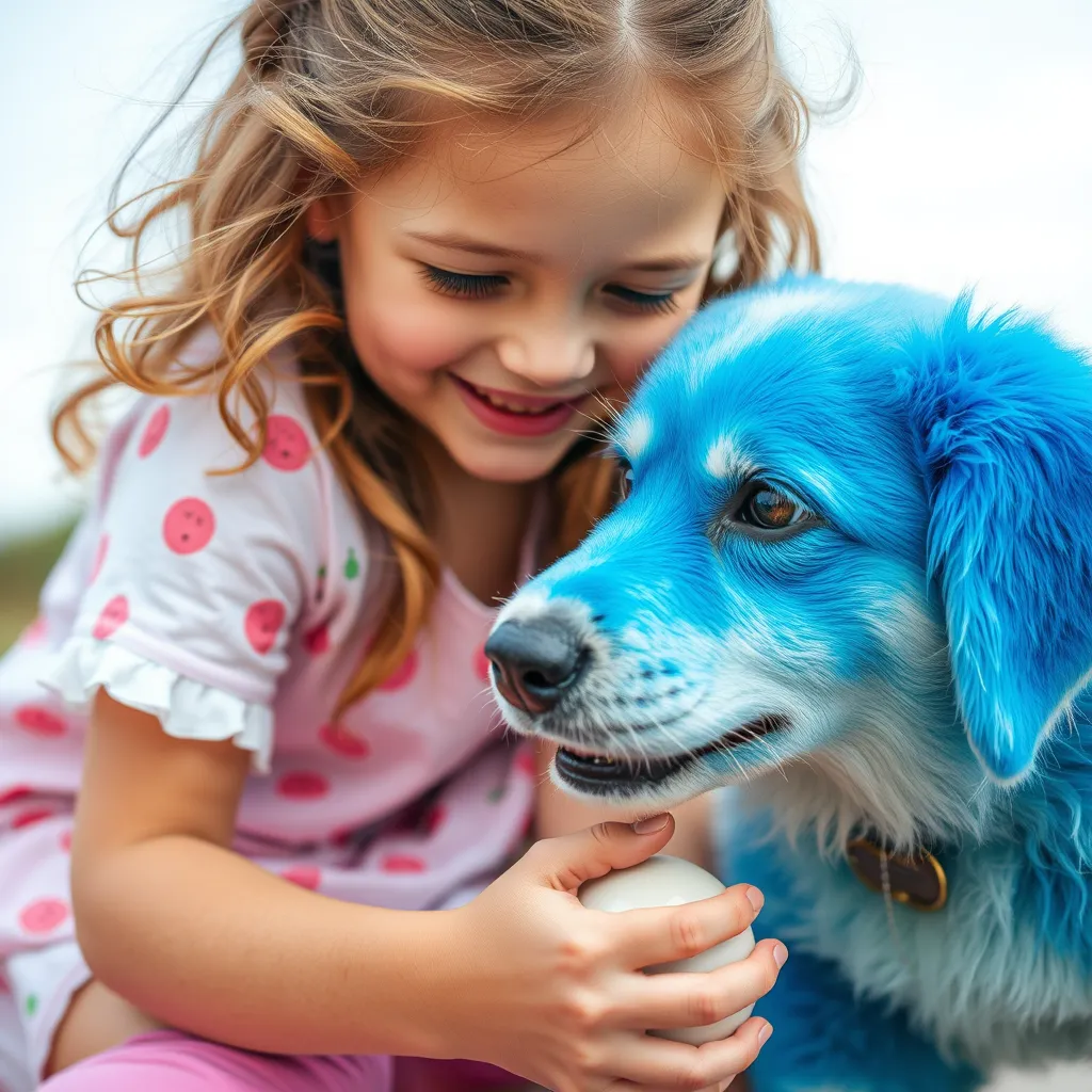 Niña jugando alegremente con un perro azul en un entorno divertido