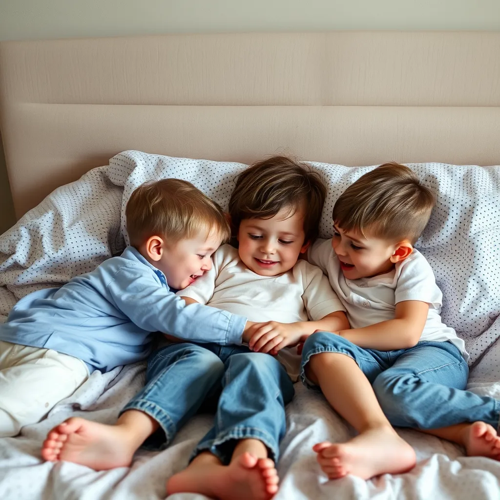 ベッドで遊ぶ女の子と男の子たちの楽しいシーン