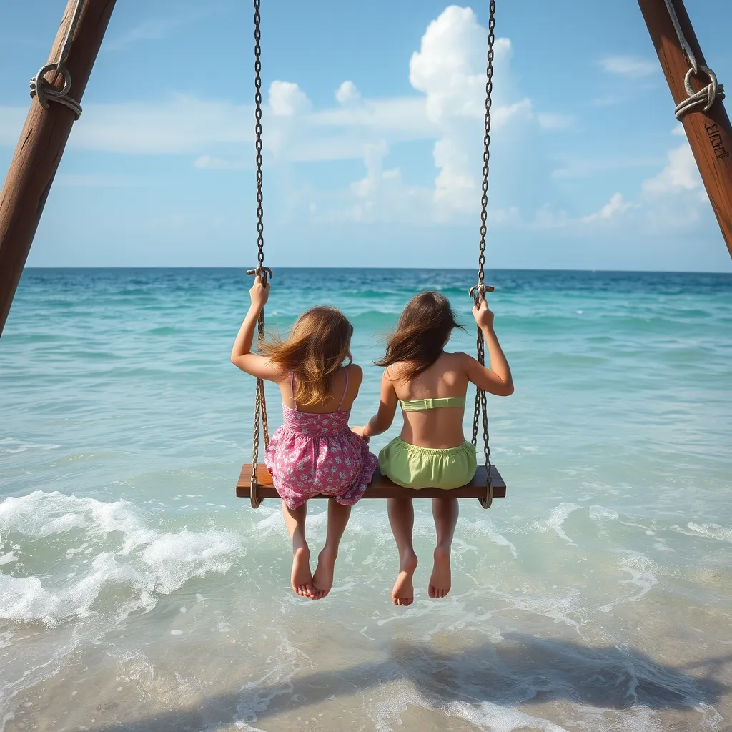 Due ragazze sorridenti si dondolano su altalene sospese sopra un mare blu.