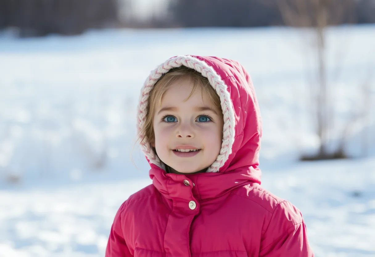 Menina jovem brincando na neve com sorrisos e alegria.