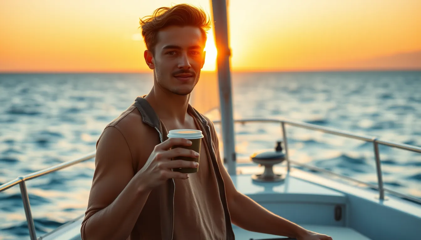 Jovem relaxa em um iate, segurando uma xícara de café ao pôr do sol.