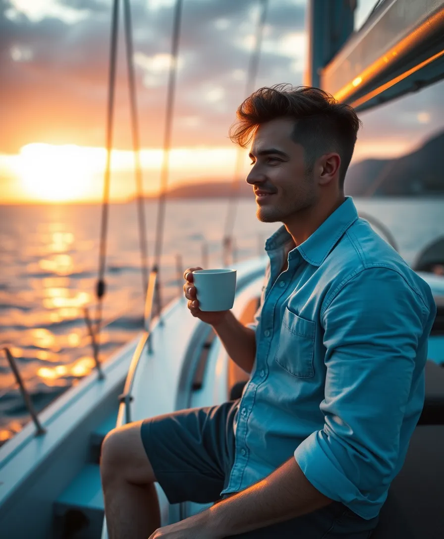 Jonge man op een luxe jacht met koffie in hand tijdens zonsondergang